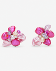 Wisteria Semi Precious Earrings in Pink and Orange Abalone featuring handcrafted floral shell drops with pearl and glass bead centers.