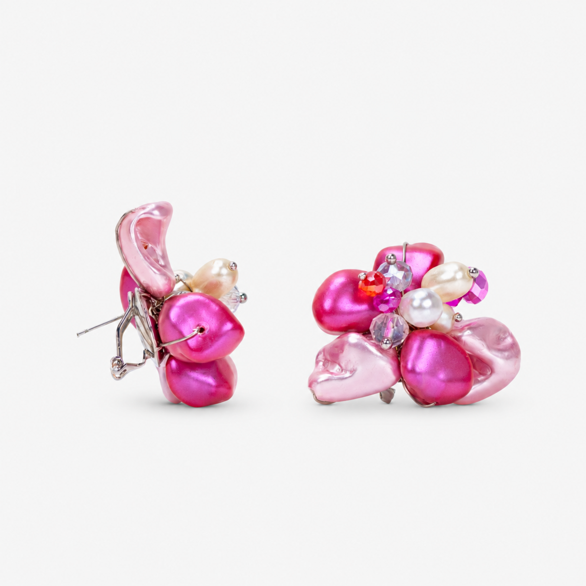Wisteria Semi Precious Earrings showcasing handcrafted pink and orange shell petals with dimensional pearl and Czech AB glass accents.