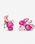Wisteria Semi Precious Earrings showcasing handcrafted pink and orange shell petals with dimensional pearl and Czech AB glass accents.