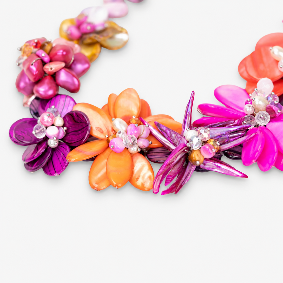 Wisteria Semi Precious Necklace in Pink and Orange Abalone featuring handcrafted shell flowers with pearl and glass bead accents.
