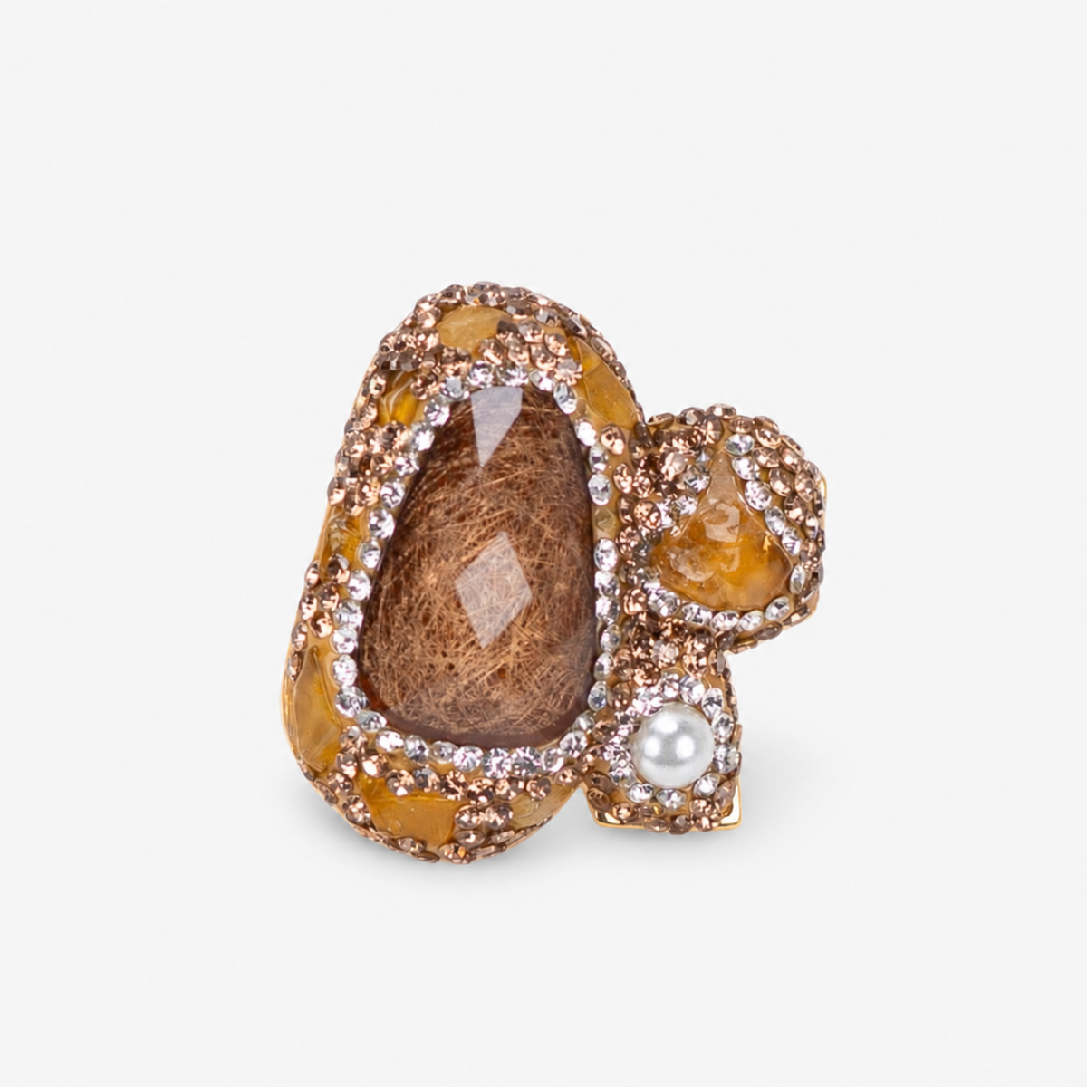 Zahara Sparkle Ring in Cognac featuring a large brown centerpiece with honey colored stones and crystal accents.