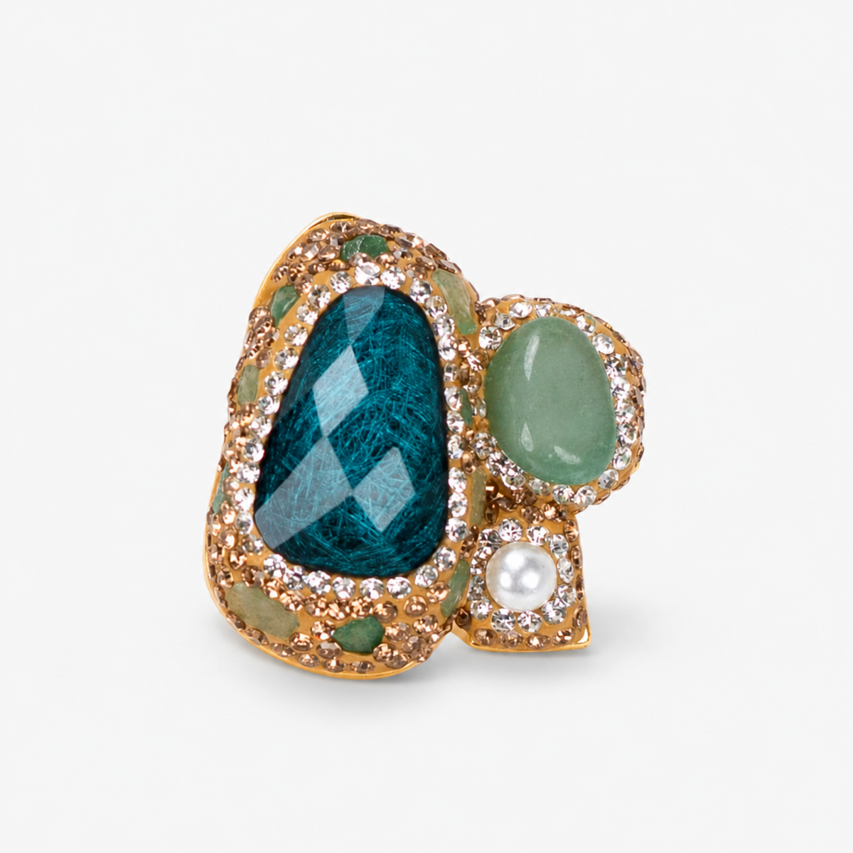 Zahara Sparkle Ring in Green featuring a deep green centerpiece with soft green stones, pearl and crystal accents.