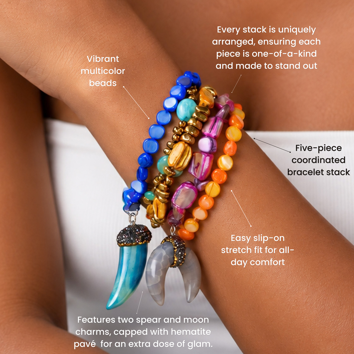 Sassy Jones Zuma stretch bracelet stack featuring multicolor shell, chalcedony, golden hematite, and crystal embellished charms.