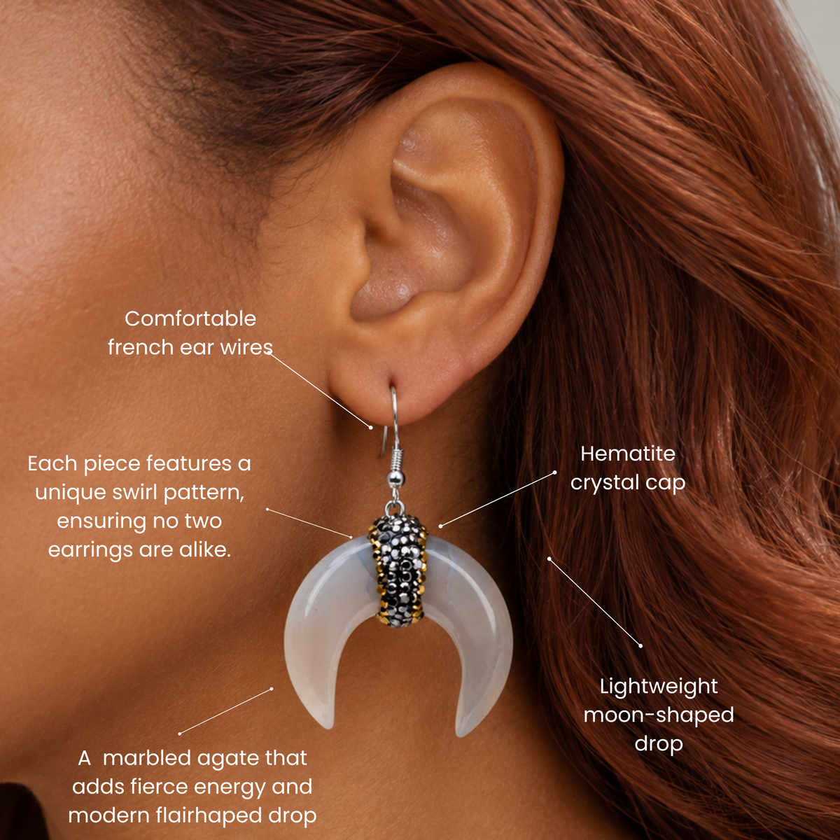 Sassy Jones Zuma dangle earrings featuring sculptural crescent shaped shell drops with sparkling centers.