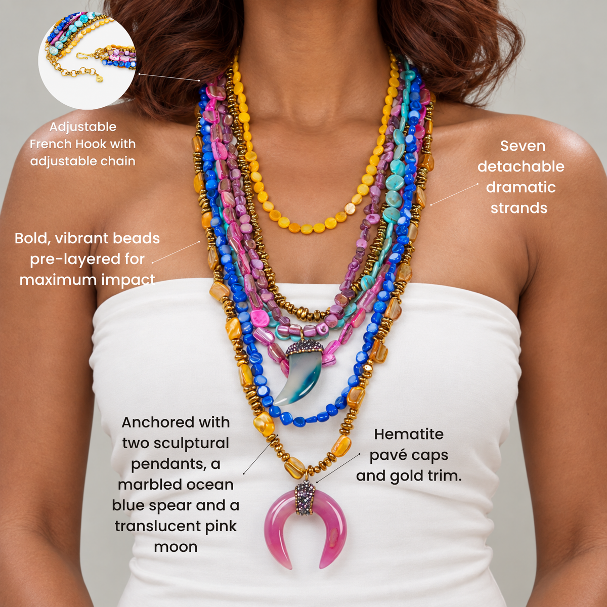 Sassy Jones Zuma necklace featuring multiple hand strung shell bead layers with crystal embellished accents.