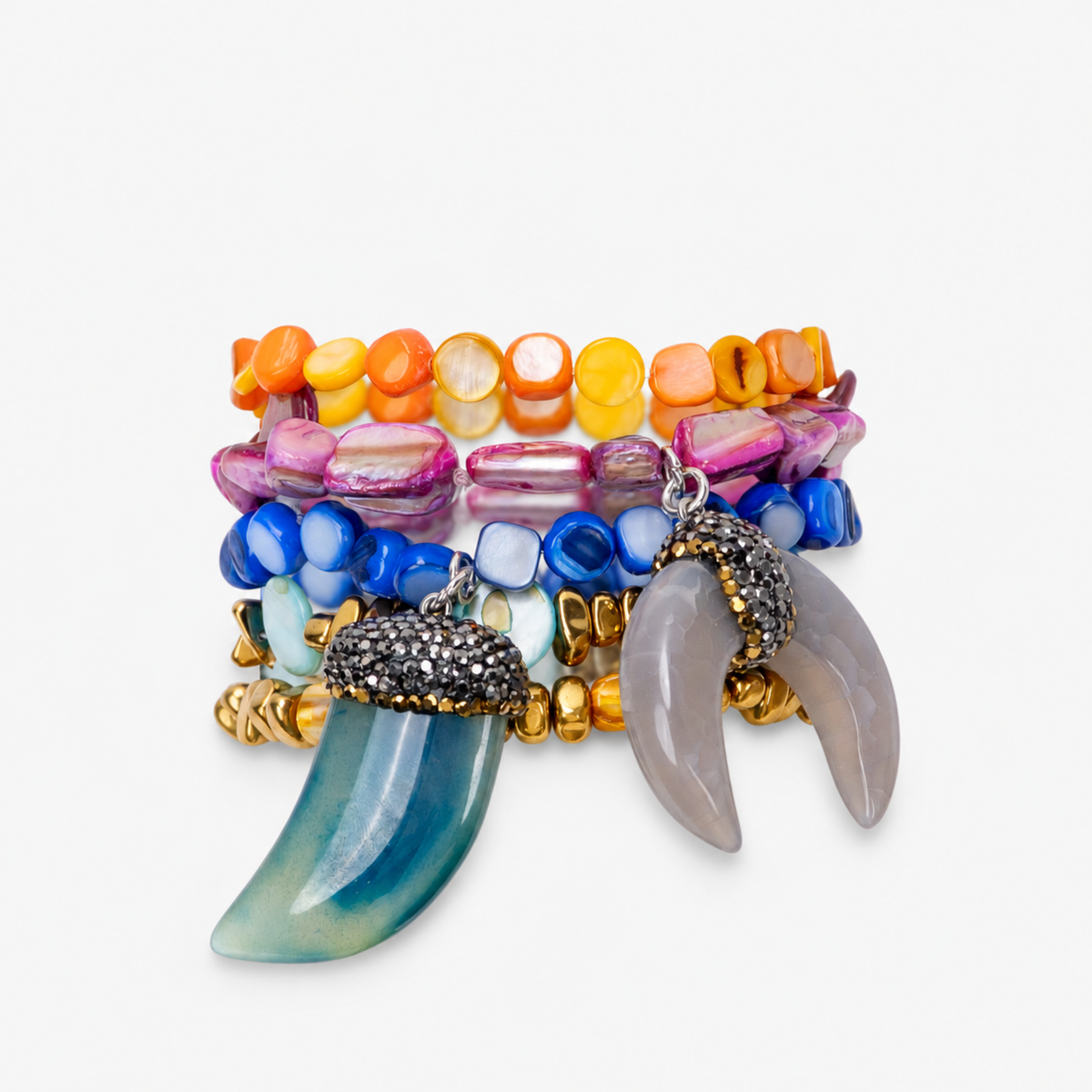 Zuma Multicolor and Gold Shell 5 Piece Stretch Bracelet Stack featuring colorful shell beads and sculptural shell charms.