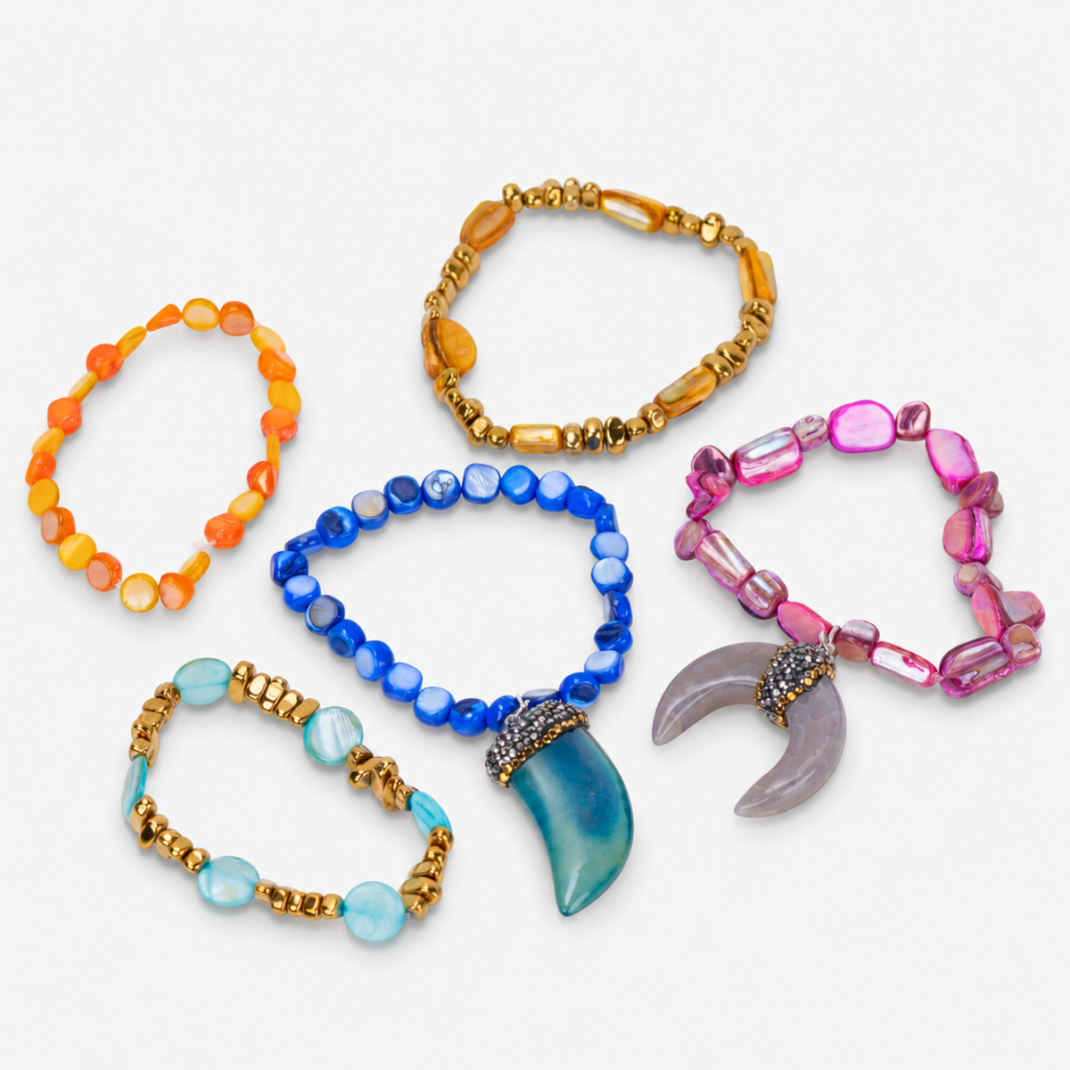 Five piece Zuma bracelet stack featuring orange, pink, blue, turquoise, and gold beads with sparkling shell pendants.