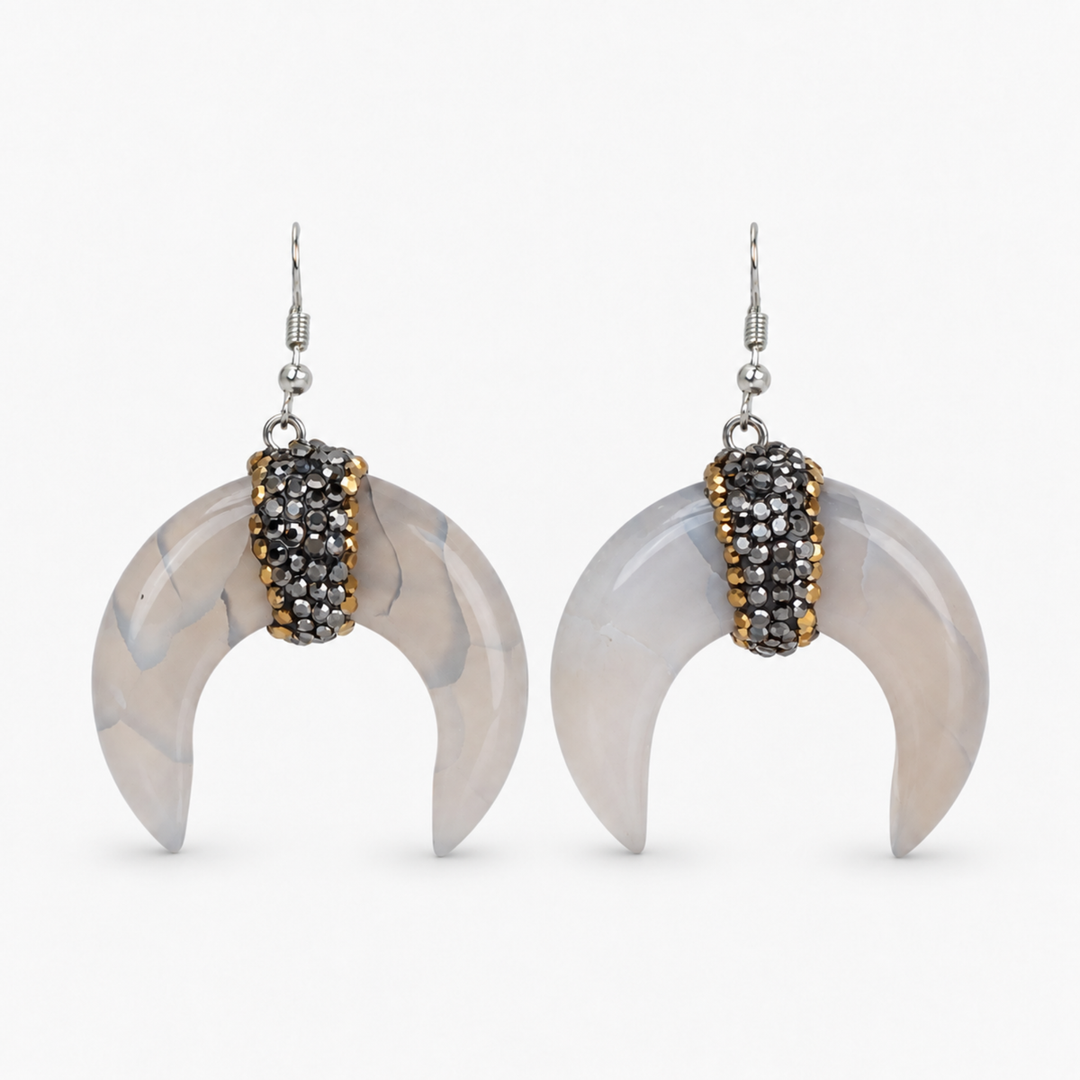 Zuma Natural Shell Crystal Crescent Dangles featuring marbled shell crescents and sparkling crystal centers.