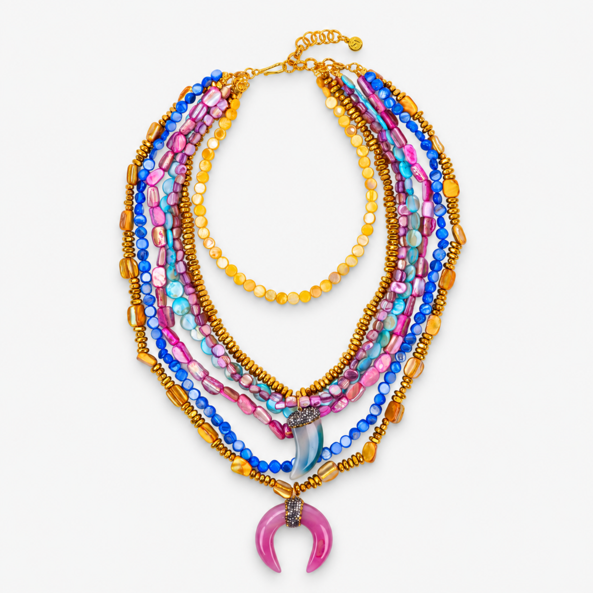 Zuma Detachable Shell Statement Necklace featuring layered multicolor shell beads and sparkling crescent pendant.