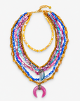 Zuma Detachable Shell Statement Necklace featuring layered multicolor shell beads and sparkling crescent pendant.