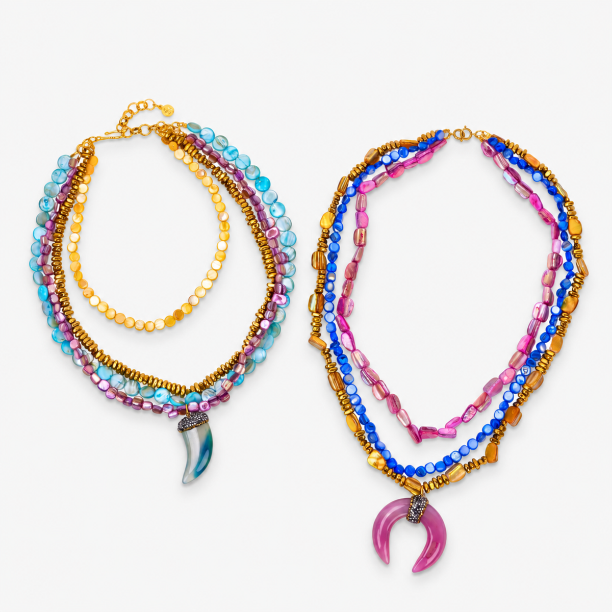Colorful statement necklace featuring cascading pink, blue, turquoise, purple, and gold shell bead strands.