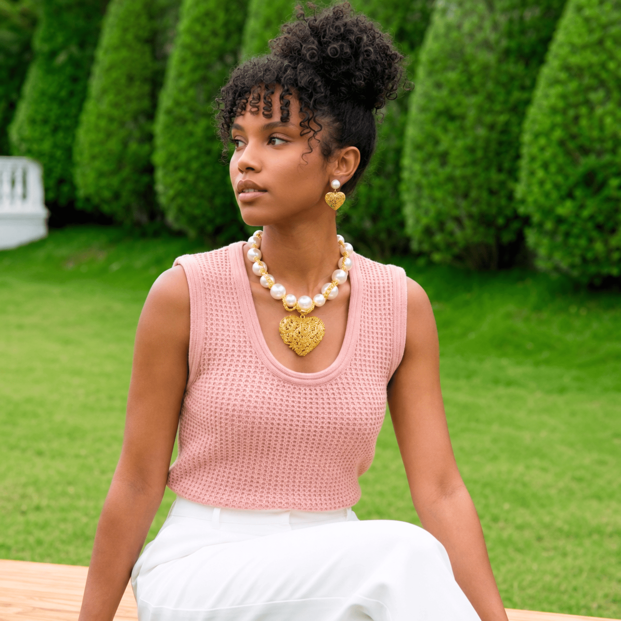 Amora Chunky Pearl Heart Chain - Ivory/Gold,Necklaces, Sassy Jones,