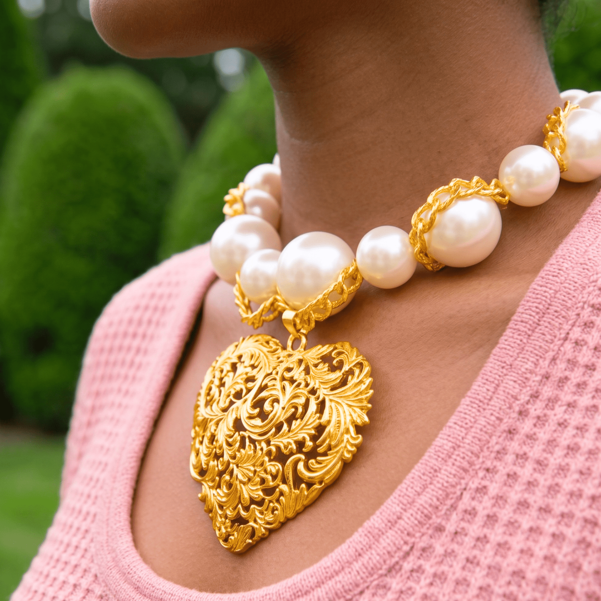 Amora Chunky Pearl Heart Chain - Ivory/Gold,Necklaces, Sassy Jones,