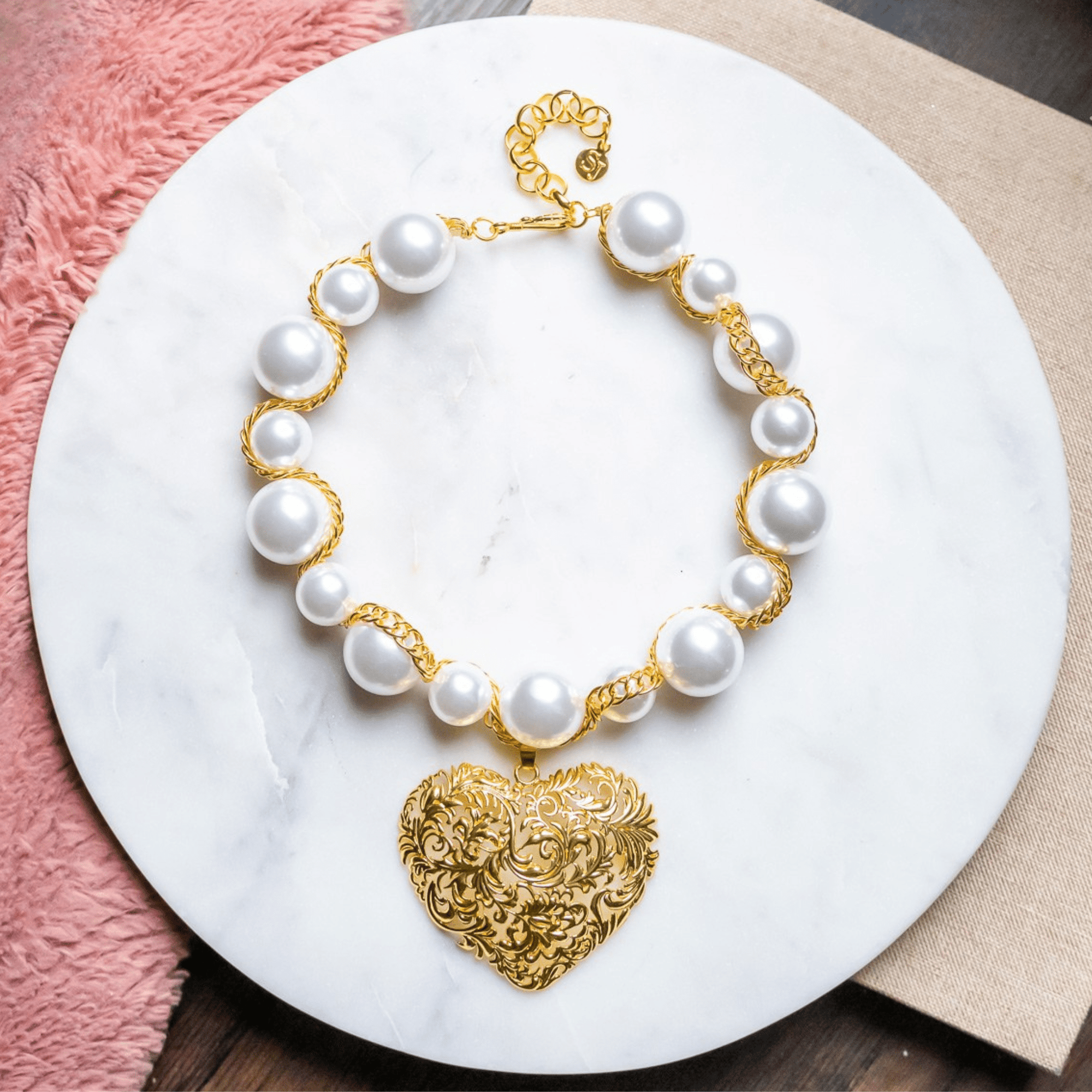 Amora Chunky Pearl Heart Chain - Ivory/Gold,Necklaces, Sassy Jones,