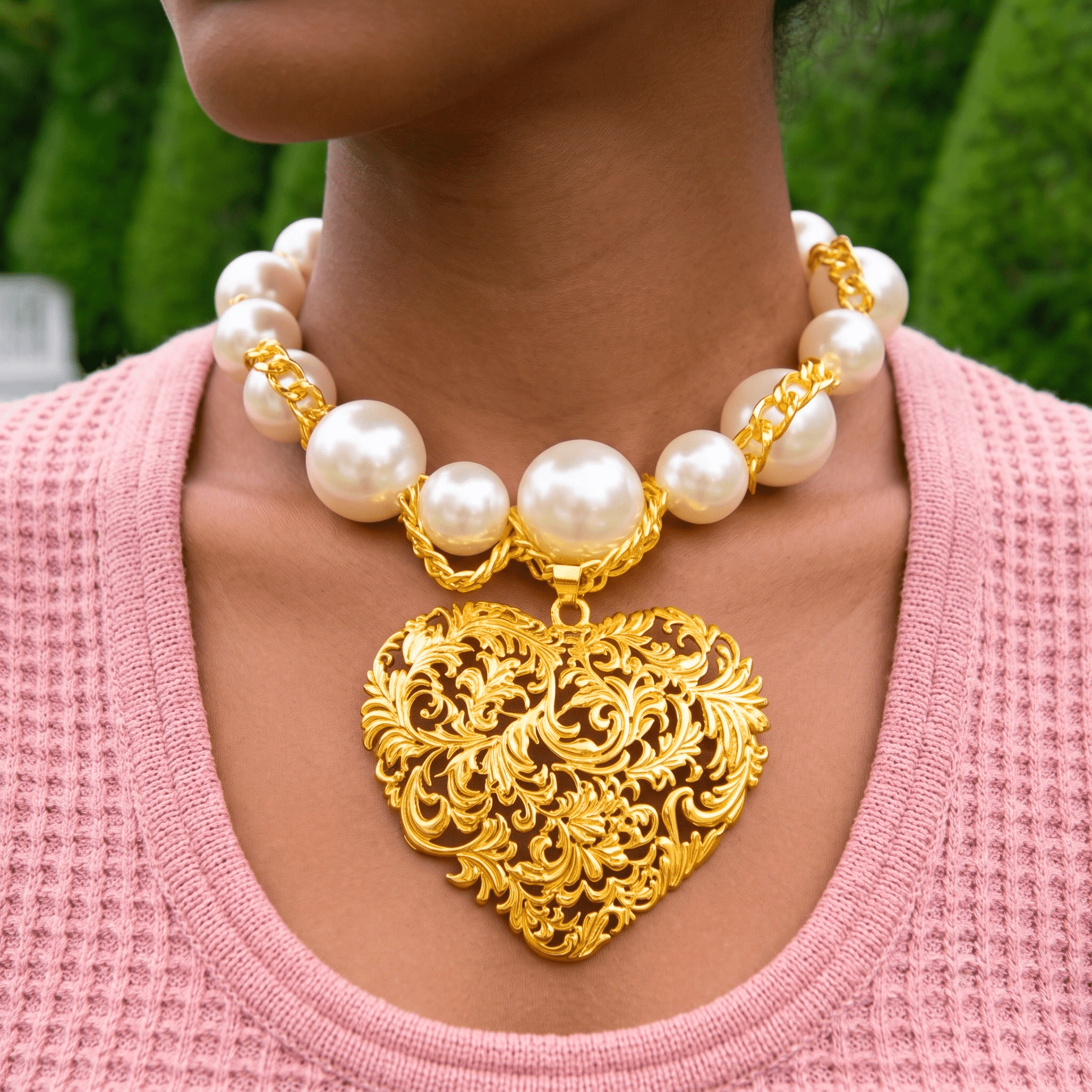 Amora Chunky Pearl Heart Chain - Ivory/Gold,Necklaces, Sassy Jones,
