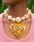 Amora Chunky Pearl Heart Chain - Ivory/Gold,Necklaces, Sassy Jones,
