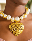 Amora Chunky Pearl Heart Chain – Ivory/Gold necklace with oversized pearls and gold heart pendant.