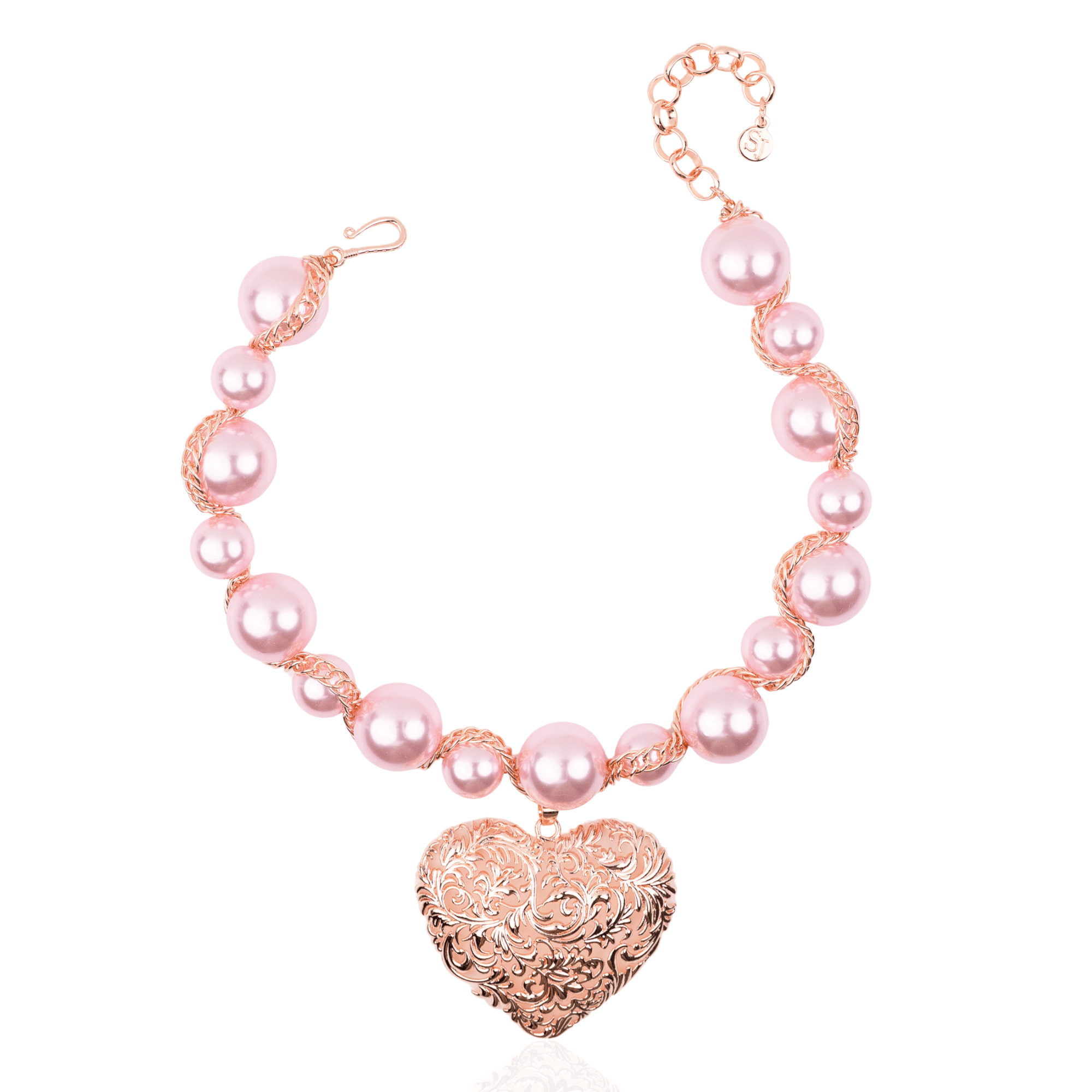 Amora Chunky Pearl Heart Chain - Pink/Rose Gold,Necklaces, Sassy Jones,