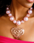Amora Chunky Pearl Heart Chain - Pink/Rose Gold,Necklaces, Sassy Jones,