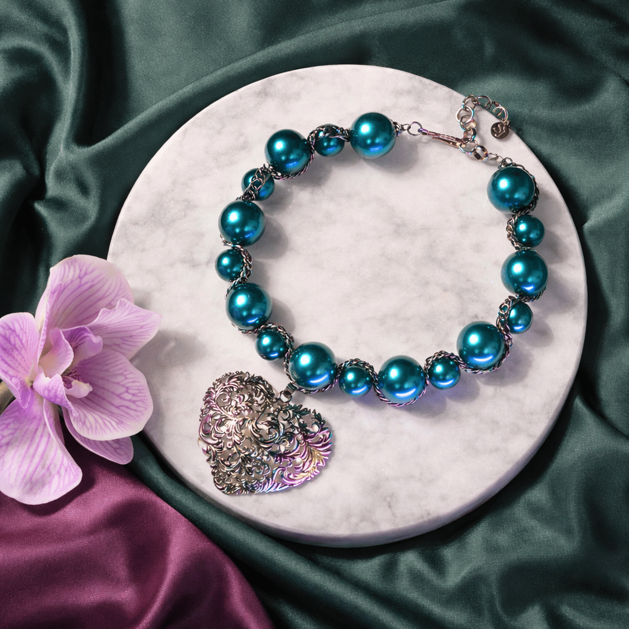 Amora Chunky Pearl Heart Chain - Rainbow Teal,Necklaces, Sassy Jones,