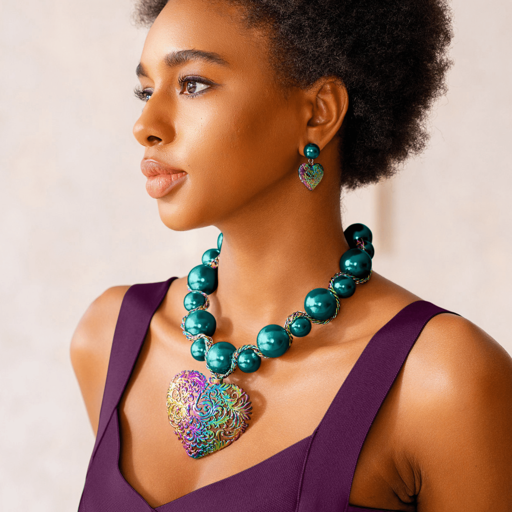 Amora Chunky Pearl Heart Chain - Rainbow Teal,Necklaces, Sassy Jones,