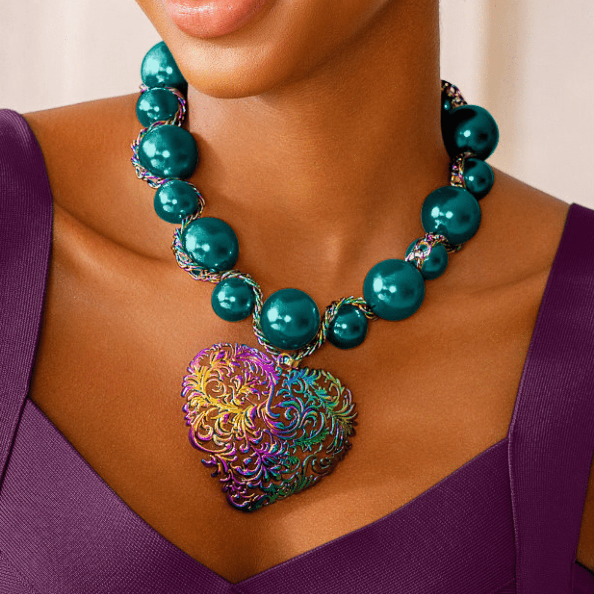 Amora Chunky Pearl Heart Chain - Rainbow Teal,Necklaces, Sassy Jones,