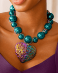 Amora Chunky Pearl Heart Chain - Rainbow Teal,Necklaces, Sassy Jones,