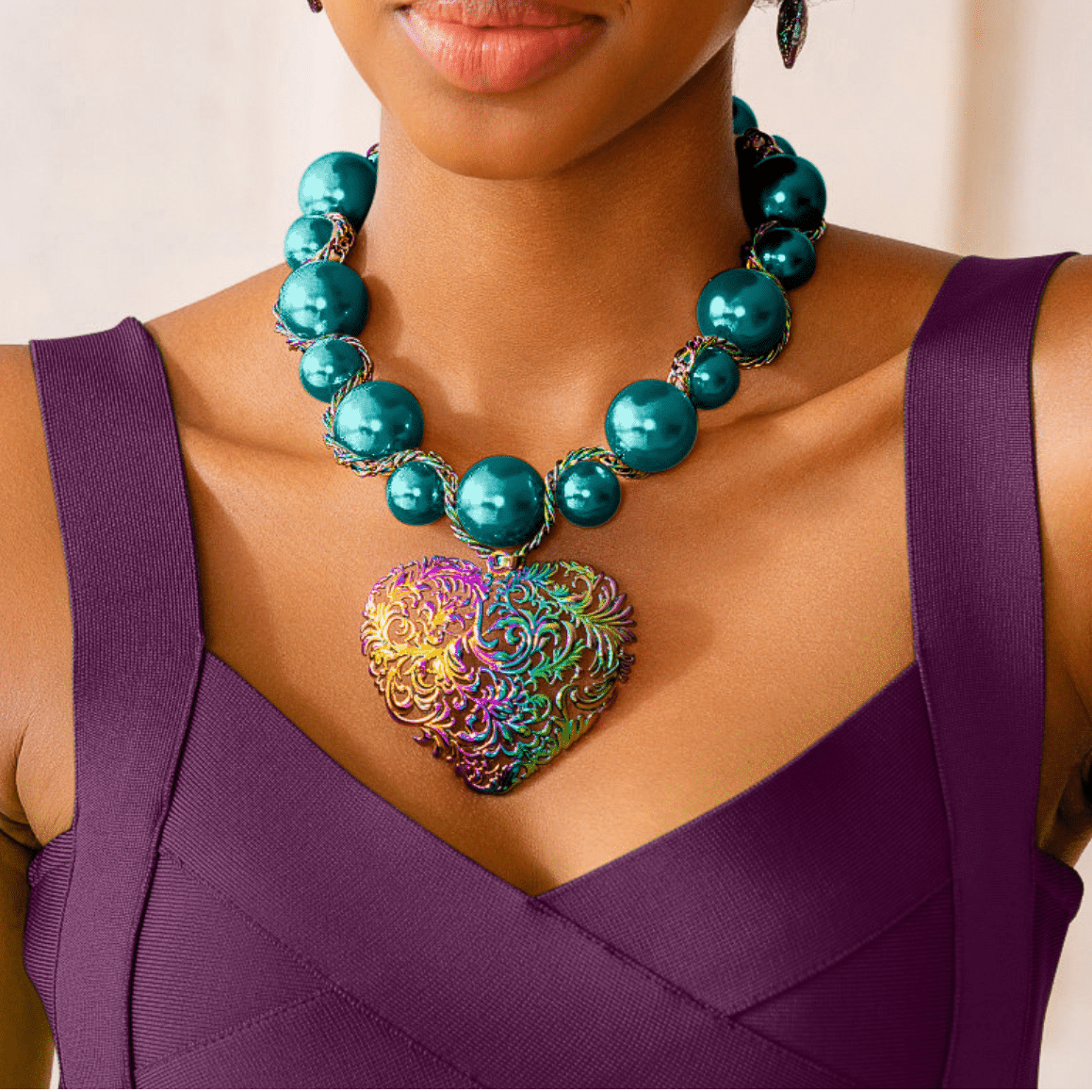 Amora Chunky Pearl Heart Chain - Rainbow Teal,Necklaces, Sassy Jones,