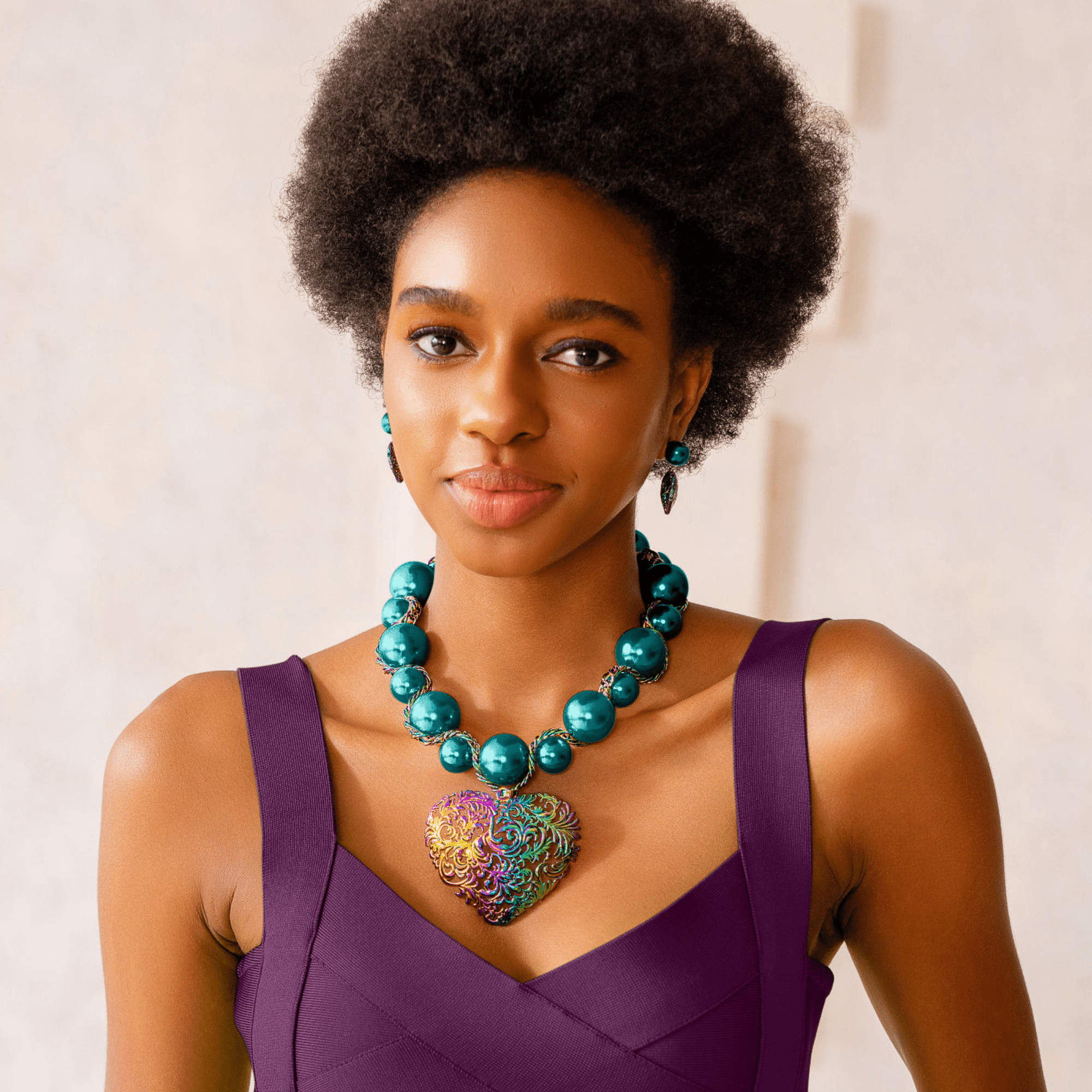 Amora Chunky Pearl Heart Chain - Rainbow Teal,Necklaces, Sassy Jones,