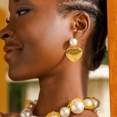 Amora Pearl Heart Dangles – Ivory/Gold with pearl studs and gold heart drops.