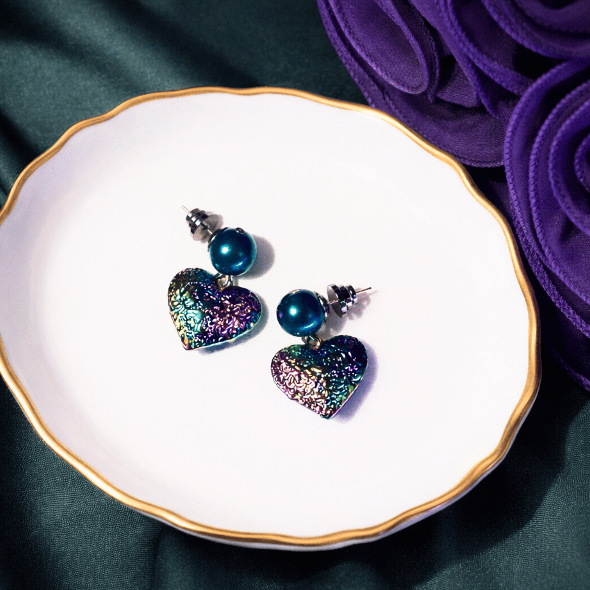 Amora Pearl Heart Dangles - Rainbow Teal,Earrings, Sassy Jones,