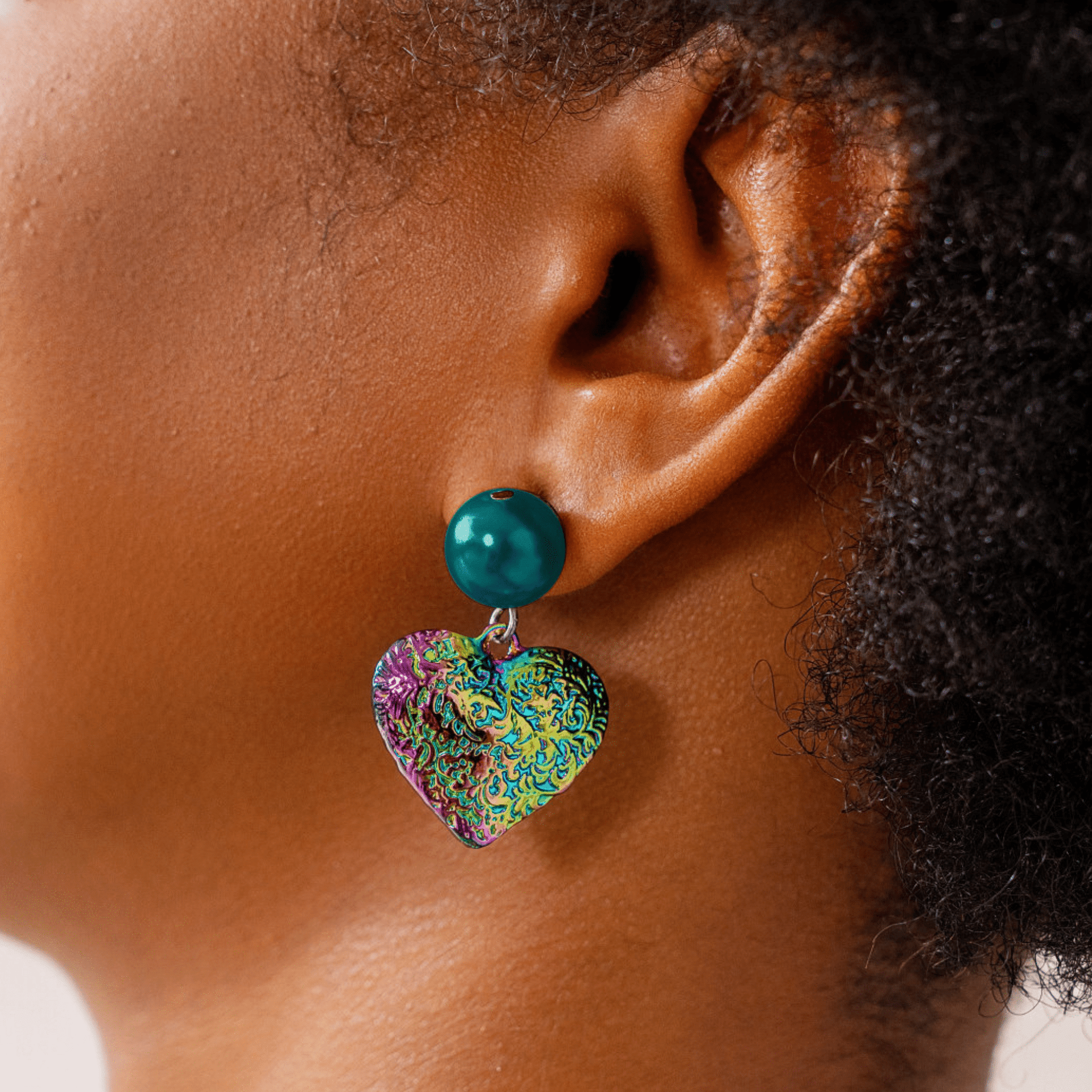 Amora Pearl Heart Dangles - Rainbow Teal | Sassy Jones