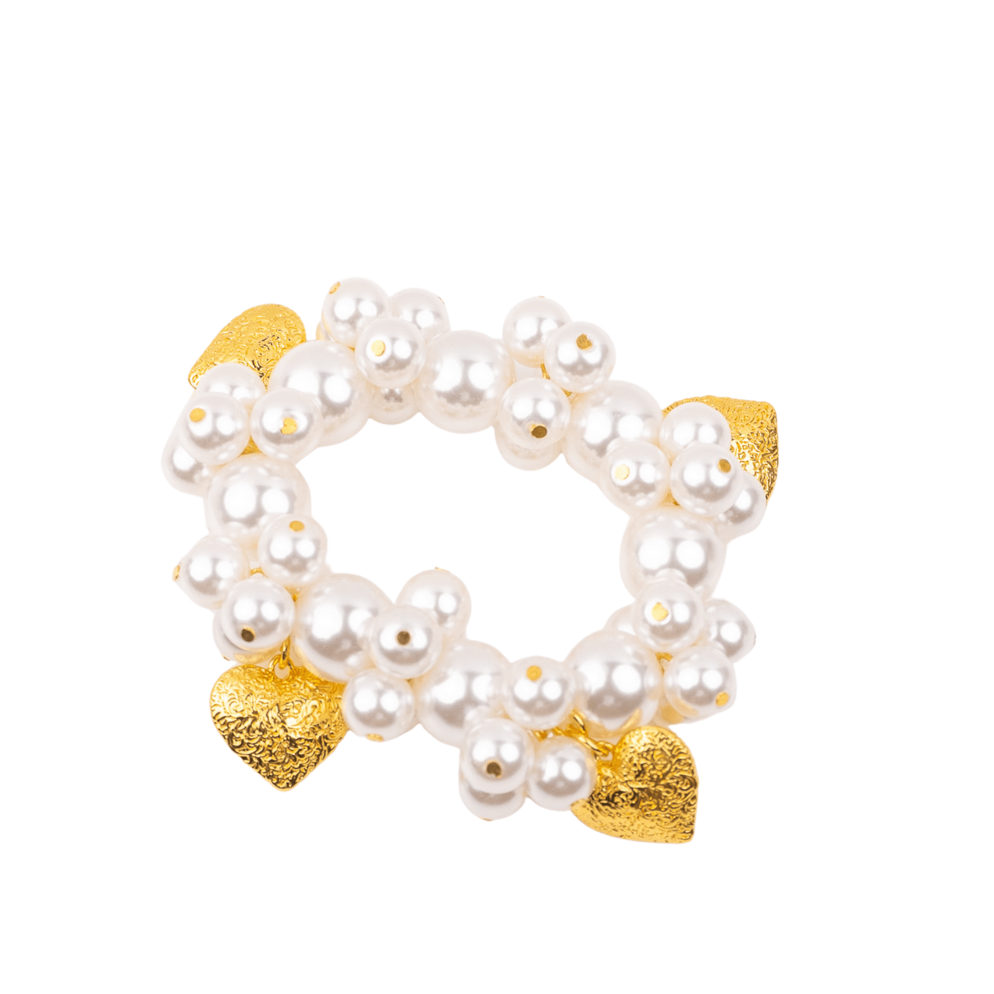 Amora Pearl Heart Stretch Bracelet – Ivory/Gold with glossy pearls and gold heart charms.