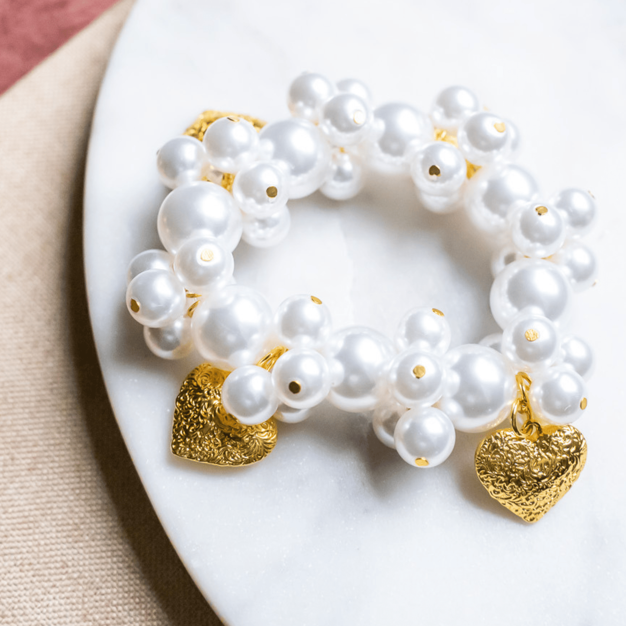 Amora Pearl Heart Stretch Bracelet - Ivory/Gold,Bracelets, Sassy Jones,