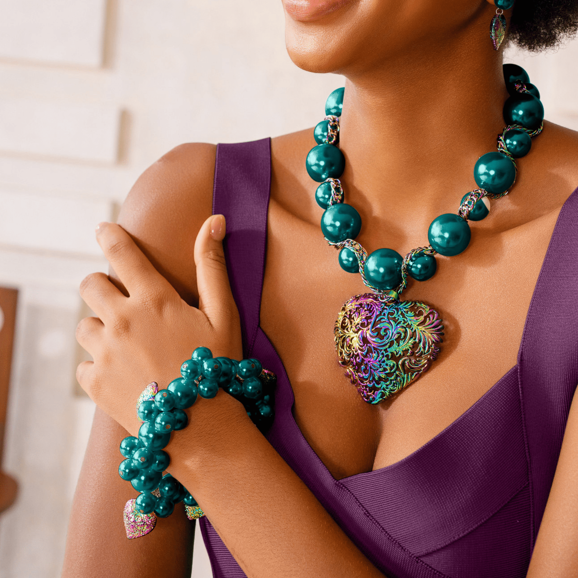 Amora Pearl Heart Stretch Bracelet - Rainbow Teal,Bracelets, Sassy Jones,