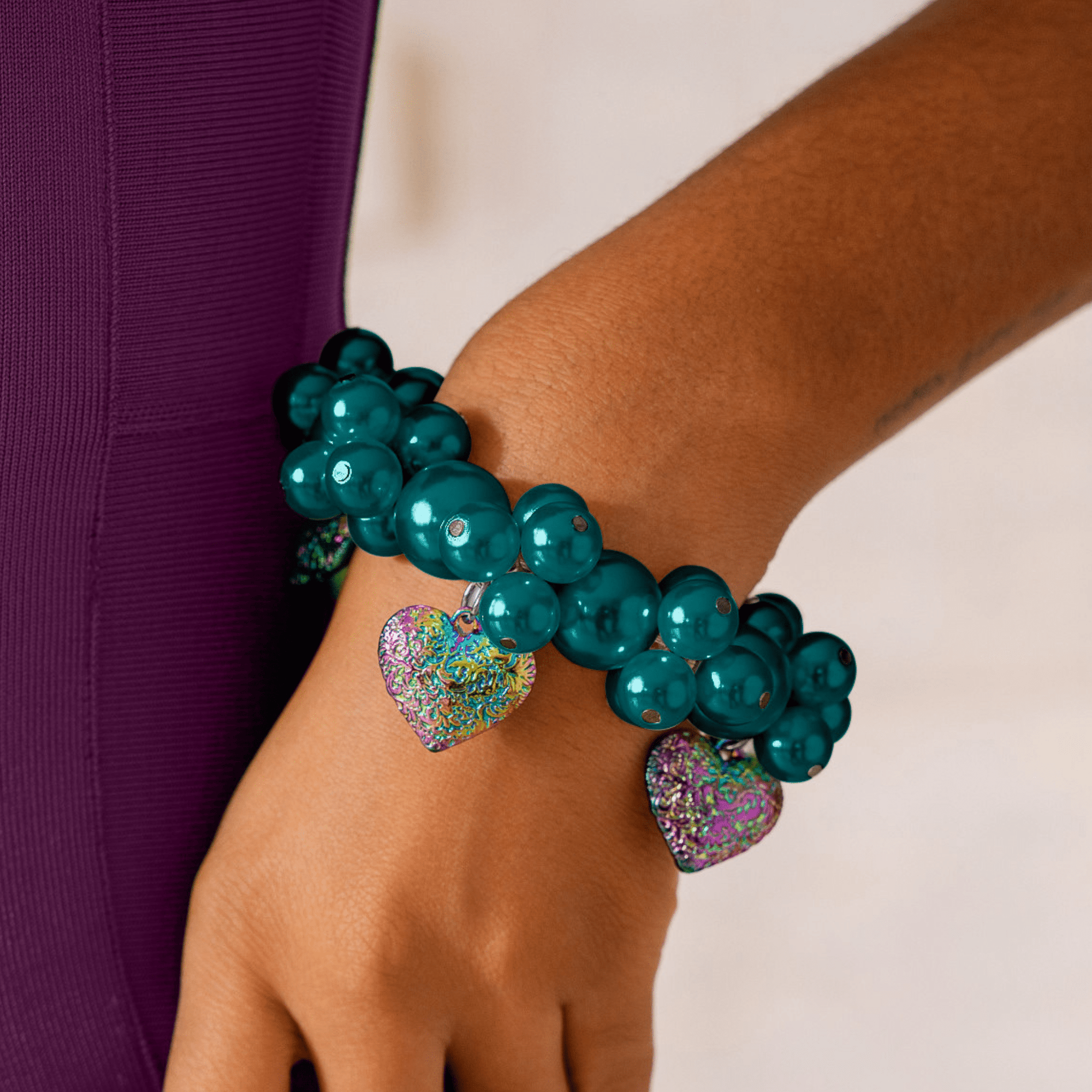 Amora Pearl Heart Stretch Bracelet - Rainbow Teal,Bracelets, Sassy Jones,