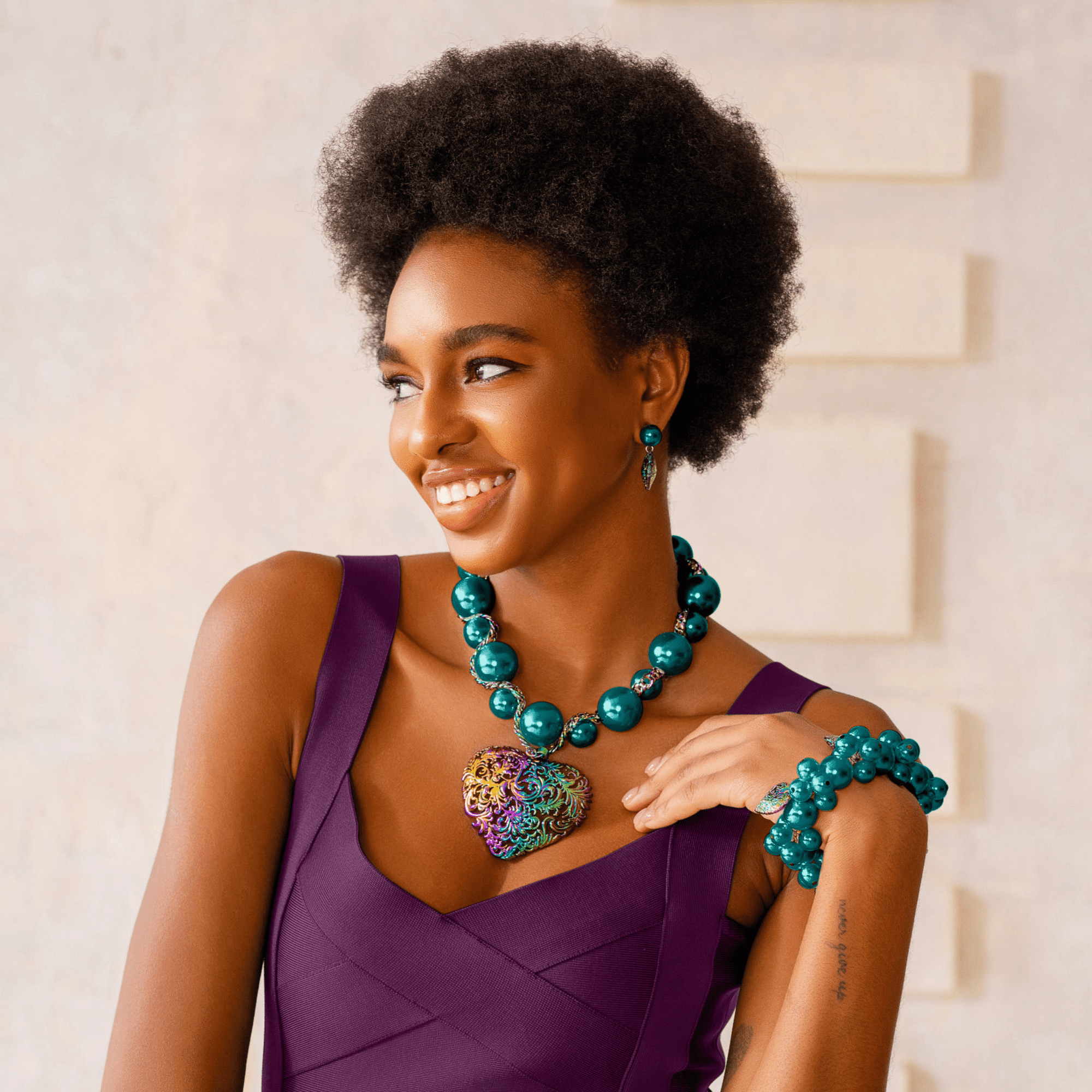 Amora Pearl Heart Stretch Bracelet - Rainbow Teal,Bracelets, Sassy Jones,