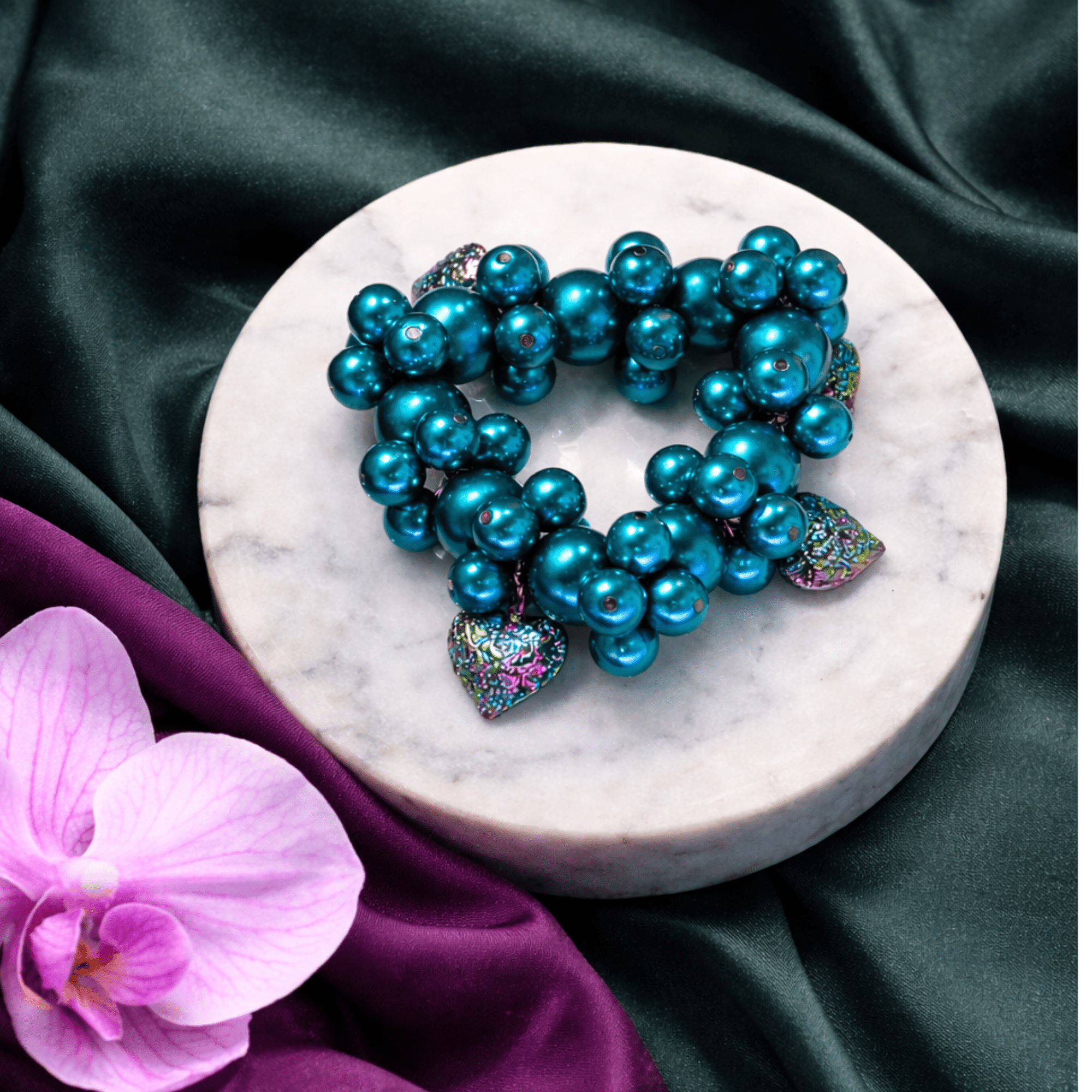 Amora Pearl Heart Stretch Bracelet - Rainbow Teal,Bracelets, Sassy Jones,