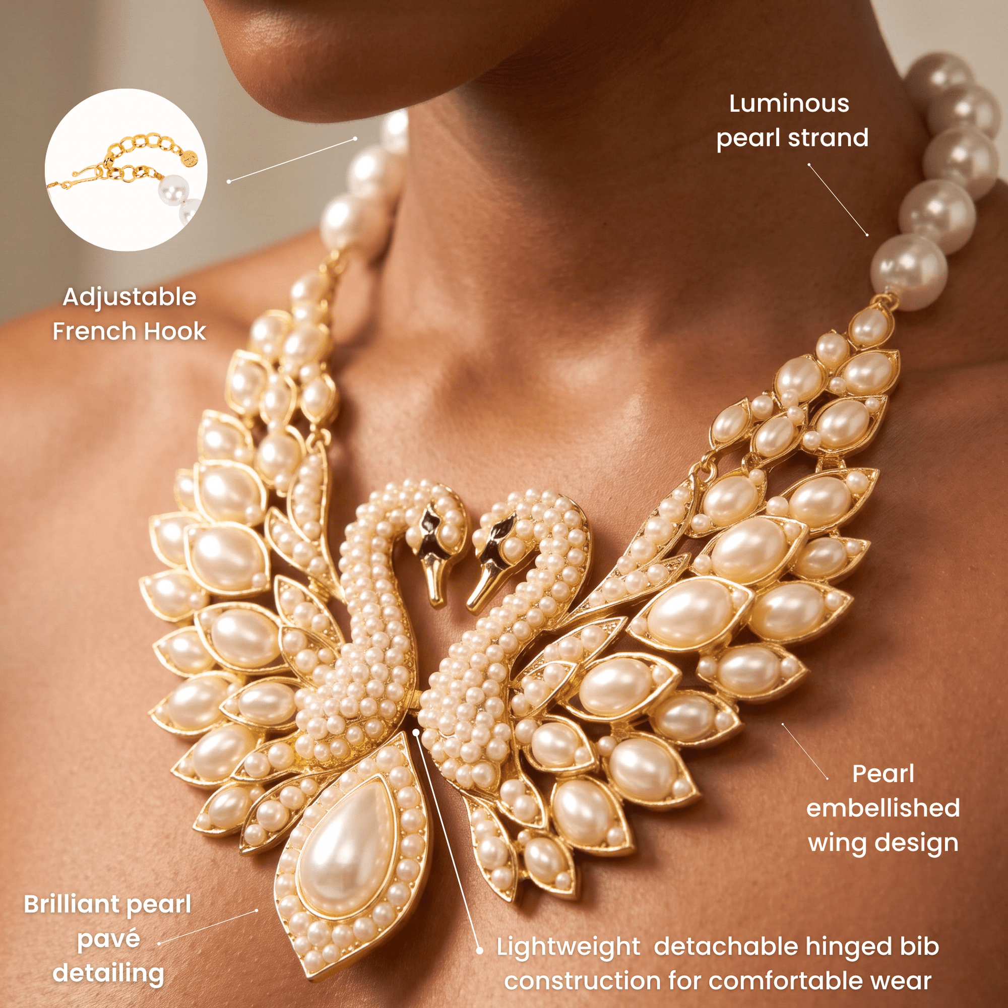 Anastasia Pearl Swan Statement Hinge Bib,Necklaces, Sassy Jones,