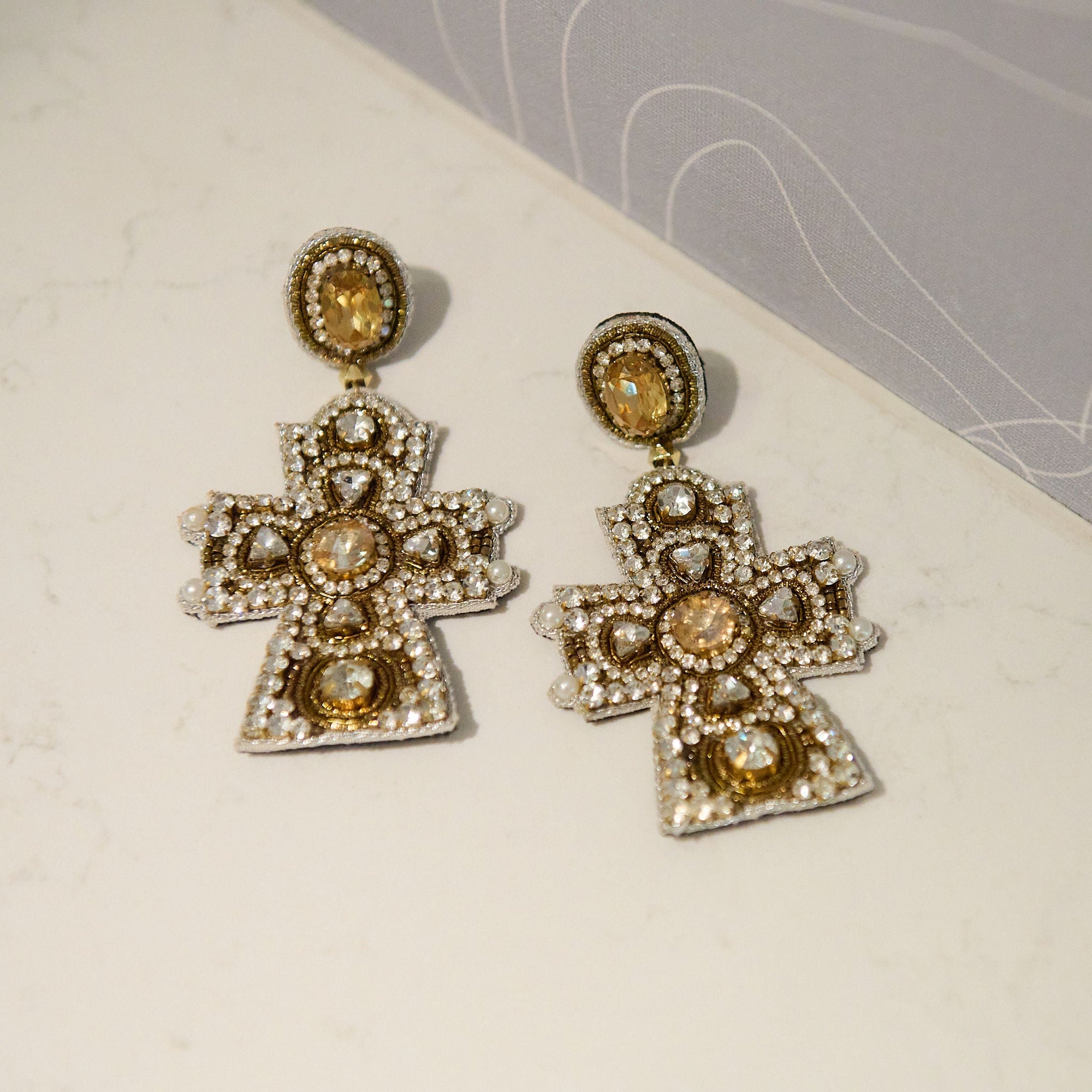 Angelica Champagne Cross Dangles - Black,Earrings, Sassy Jones,