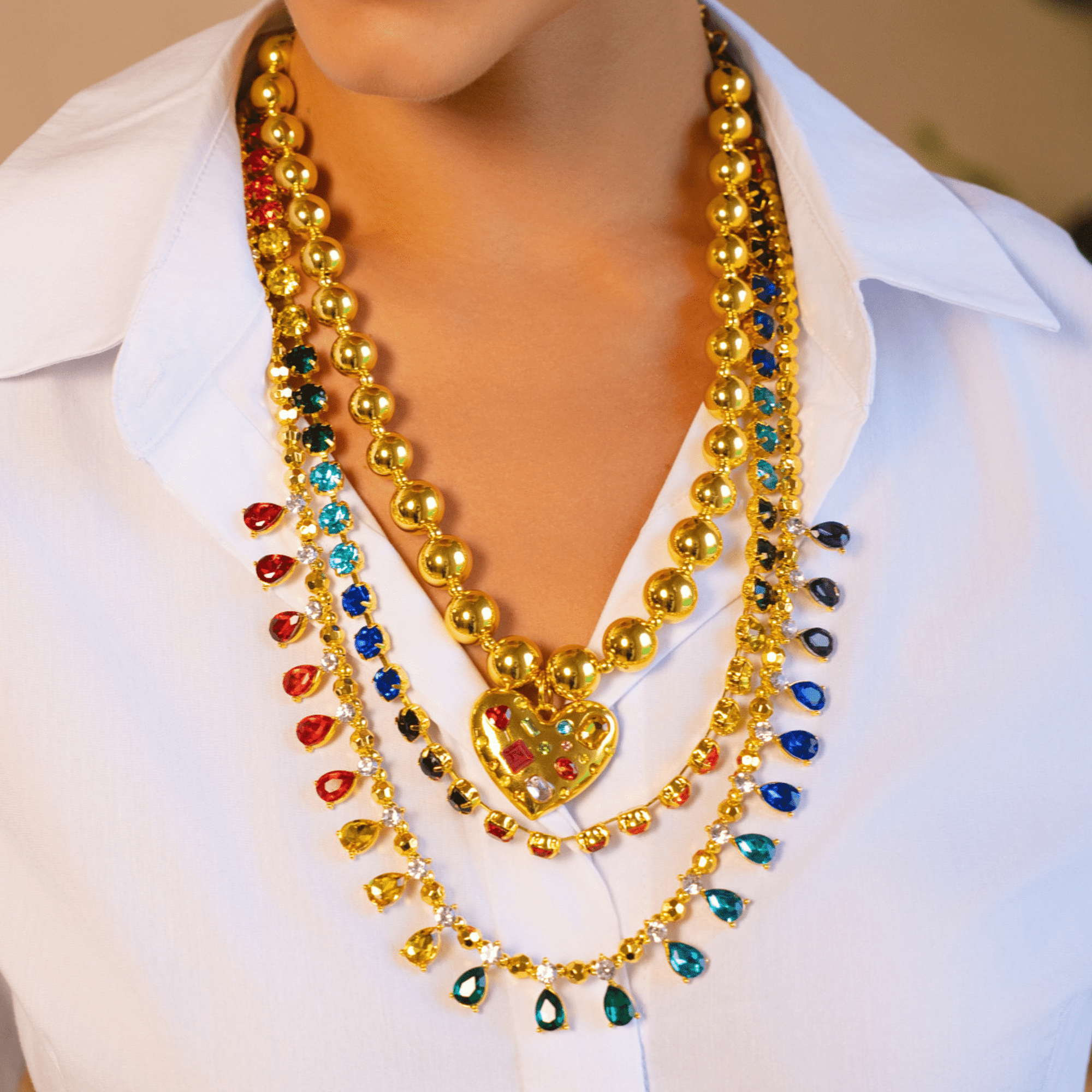 Arabella Crystal Heart Layer Chain,Necklaces, Sassy Jones,