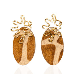 Asili Leather Mohair Statement Earrings - Giraffe/Wired Gold,Earrings, Sassy Jones,