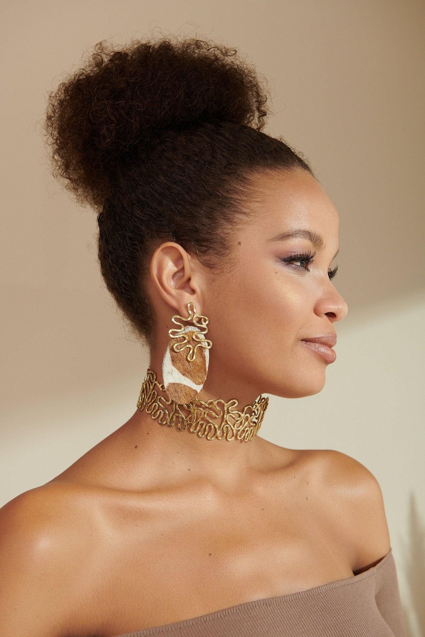 Asili Leather Mohair Statement Earrings - Giraffe/Wired Gold,Earrings, Sassy Jones,