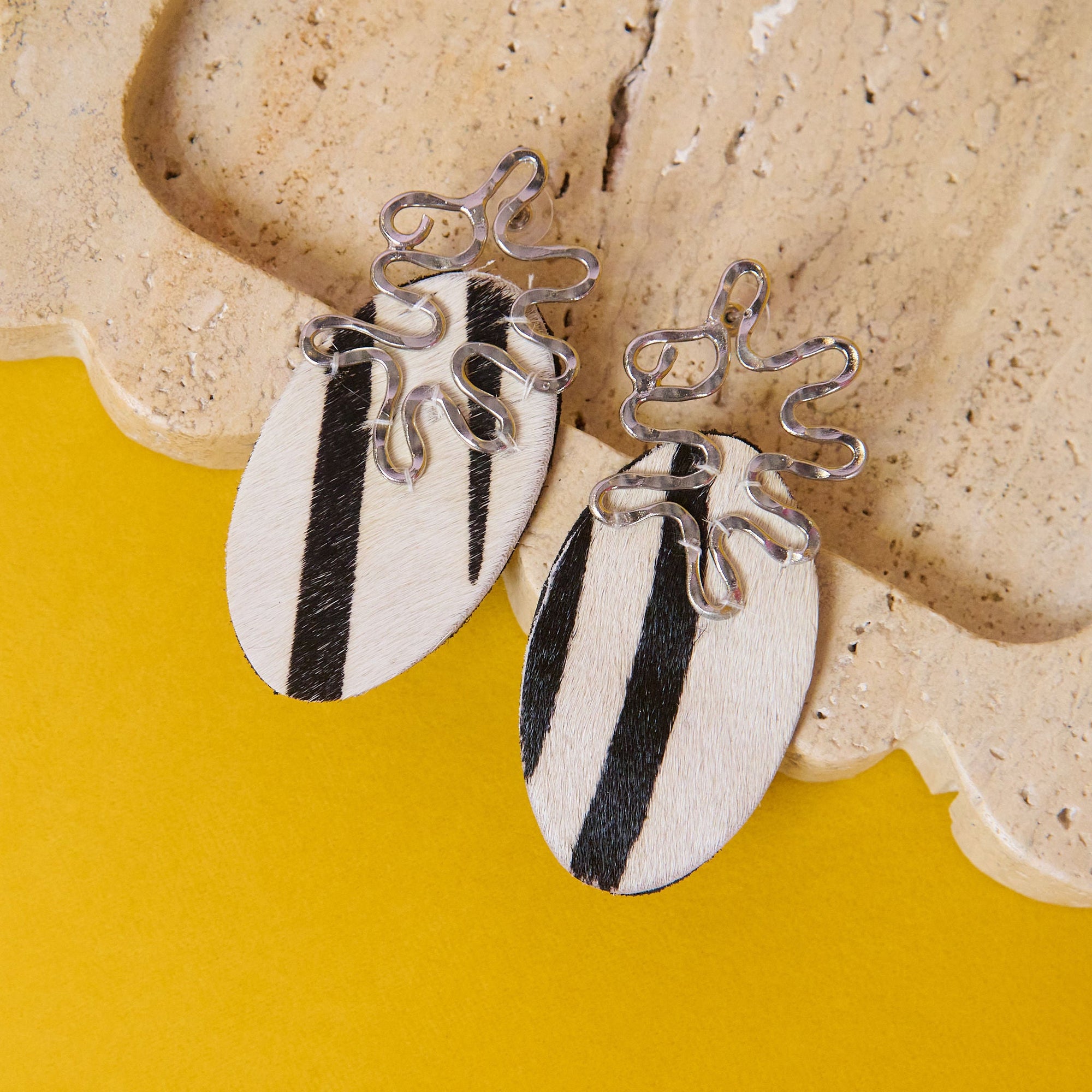 Asili Leather Mohair Statement Earrings - Zebra / Wired Silver,Earrings, Sassy Jones,