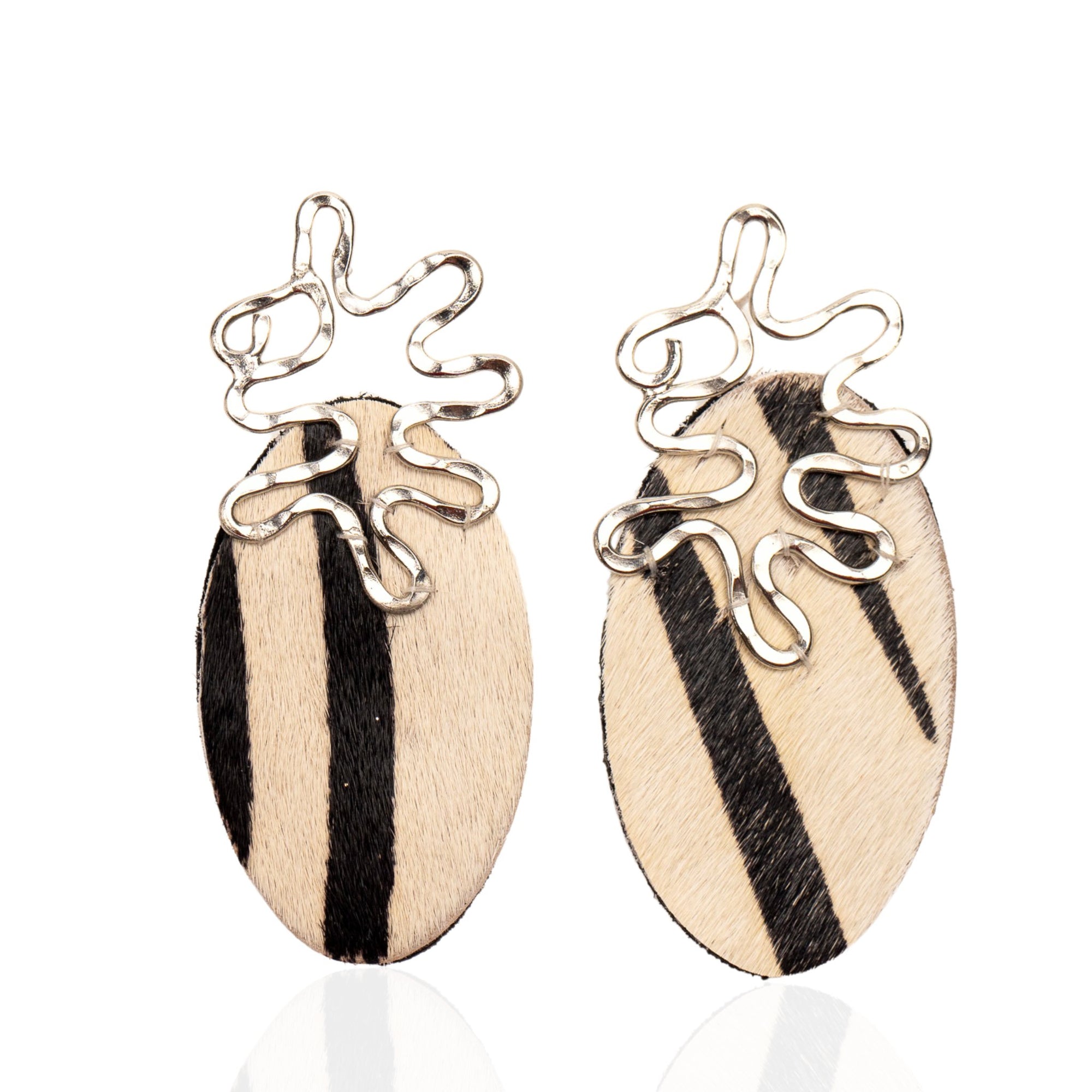 Asili Leather Mohair Statement Earrings - Zebra / Wired Silver,Earrings, Sassy Jones,