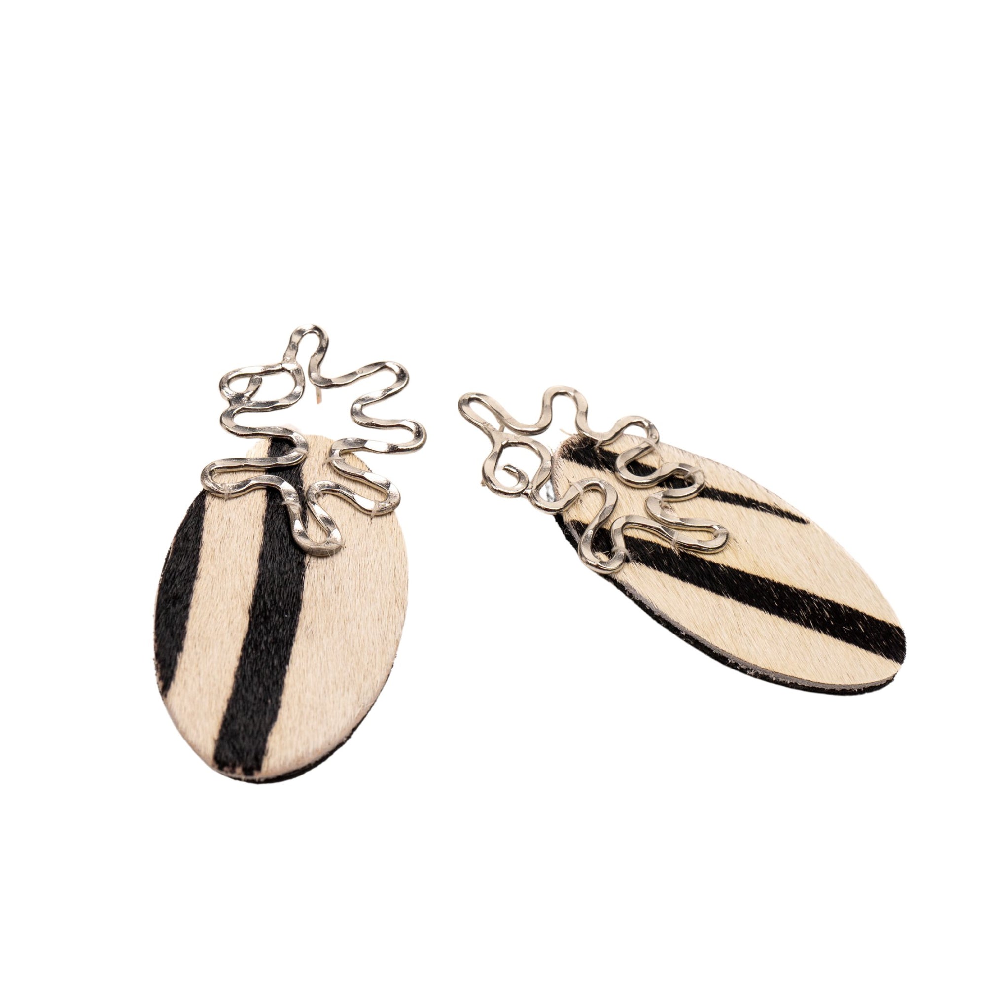 Asili Leather Mohair Statement Earrings - Zebra / Wired Silver,Earrings, Sassy Jones,