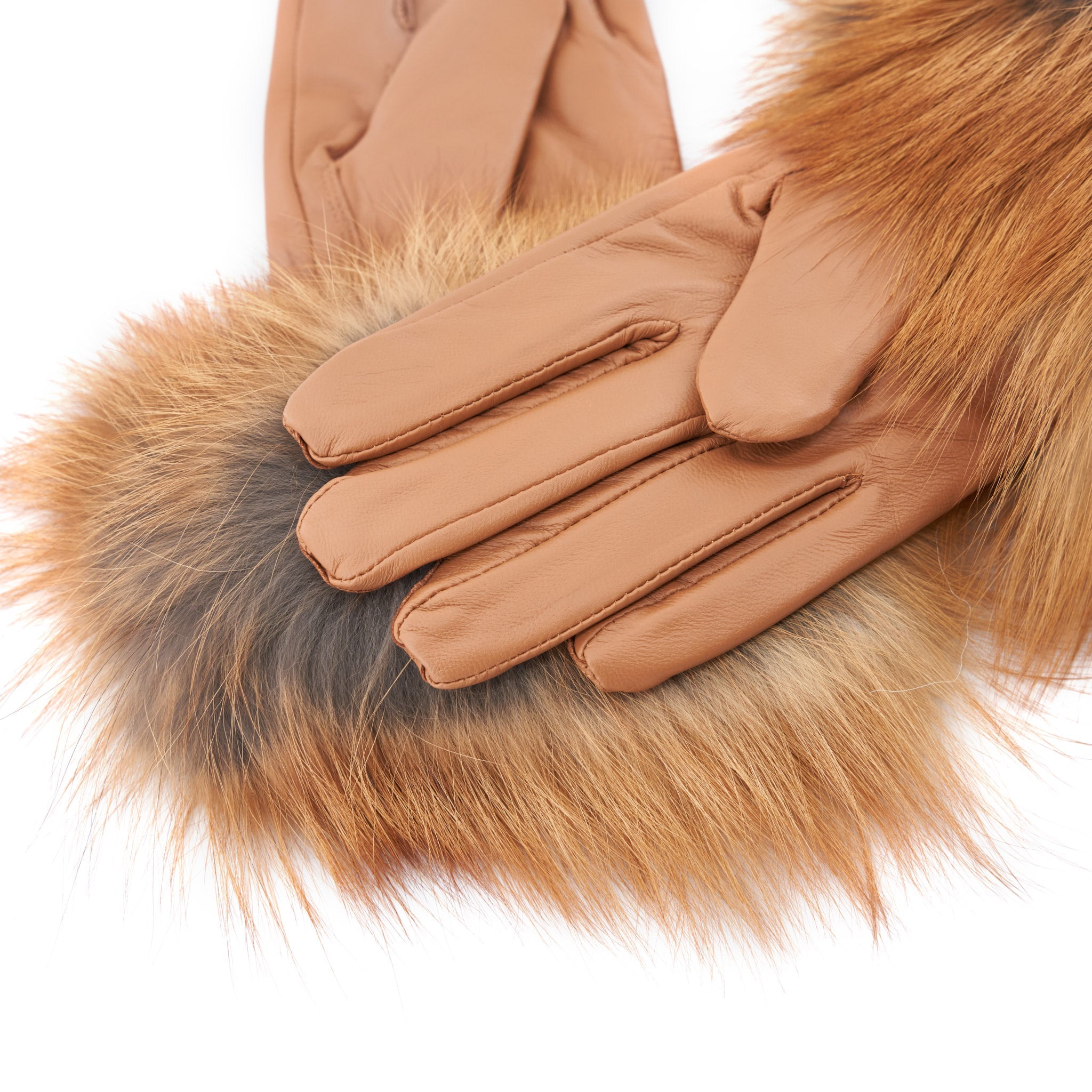 Aspen Pure Fox Fur and Sheepskin Leather Gloves - Affluent Cognac