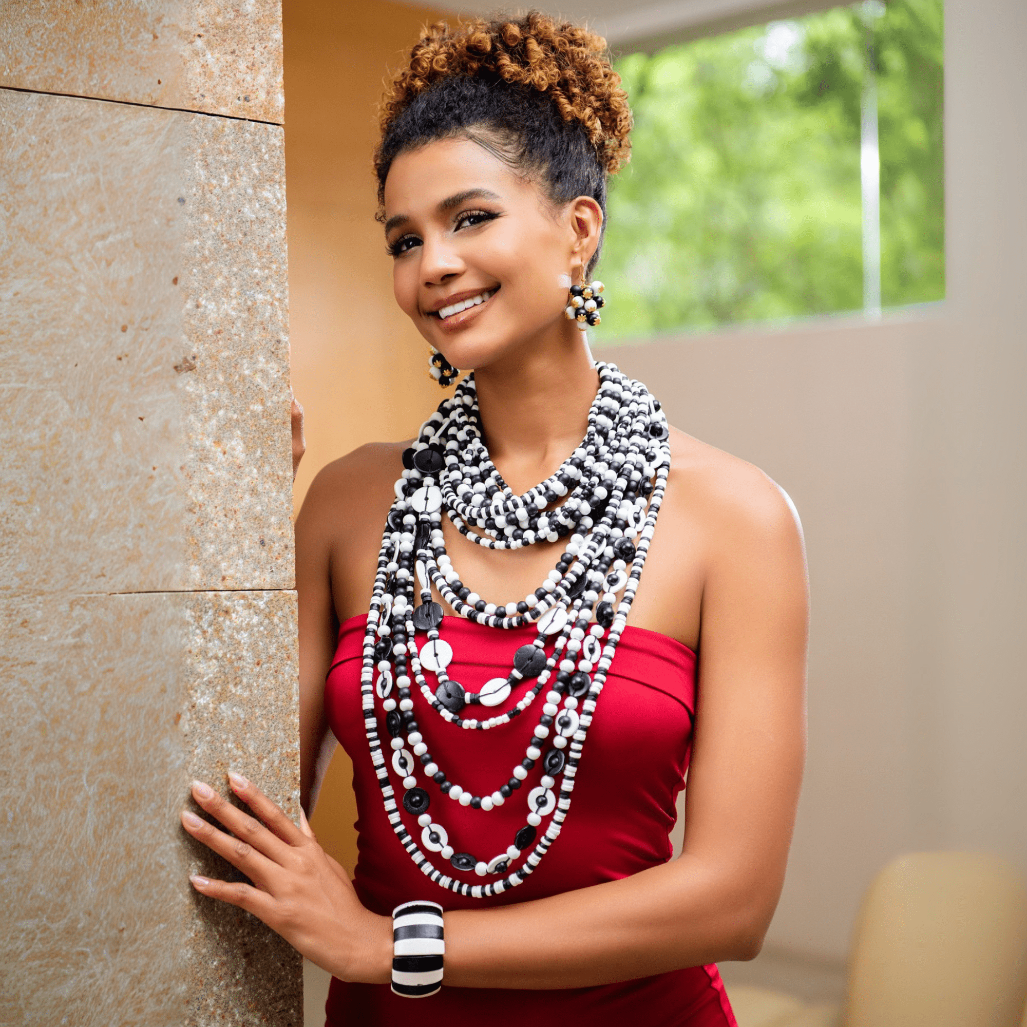 Ayoka Beaded 4 - in - 1 Cascading Chain – Black & White,Necklaces, Sassy Jones,