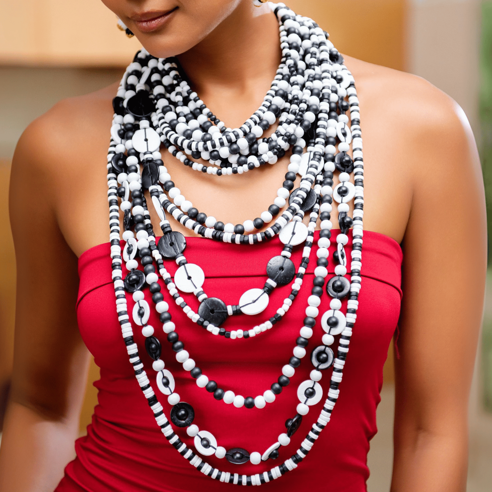 Ayoka Beaded 4 - in - 1 Cascading Chain – Black & White,Necklaces, Sassy Jones,