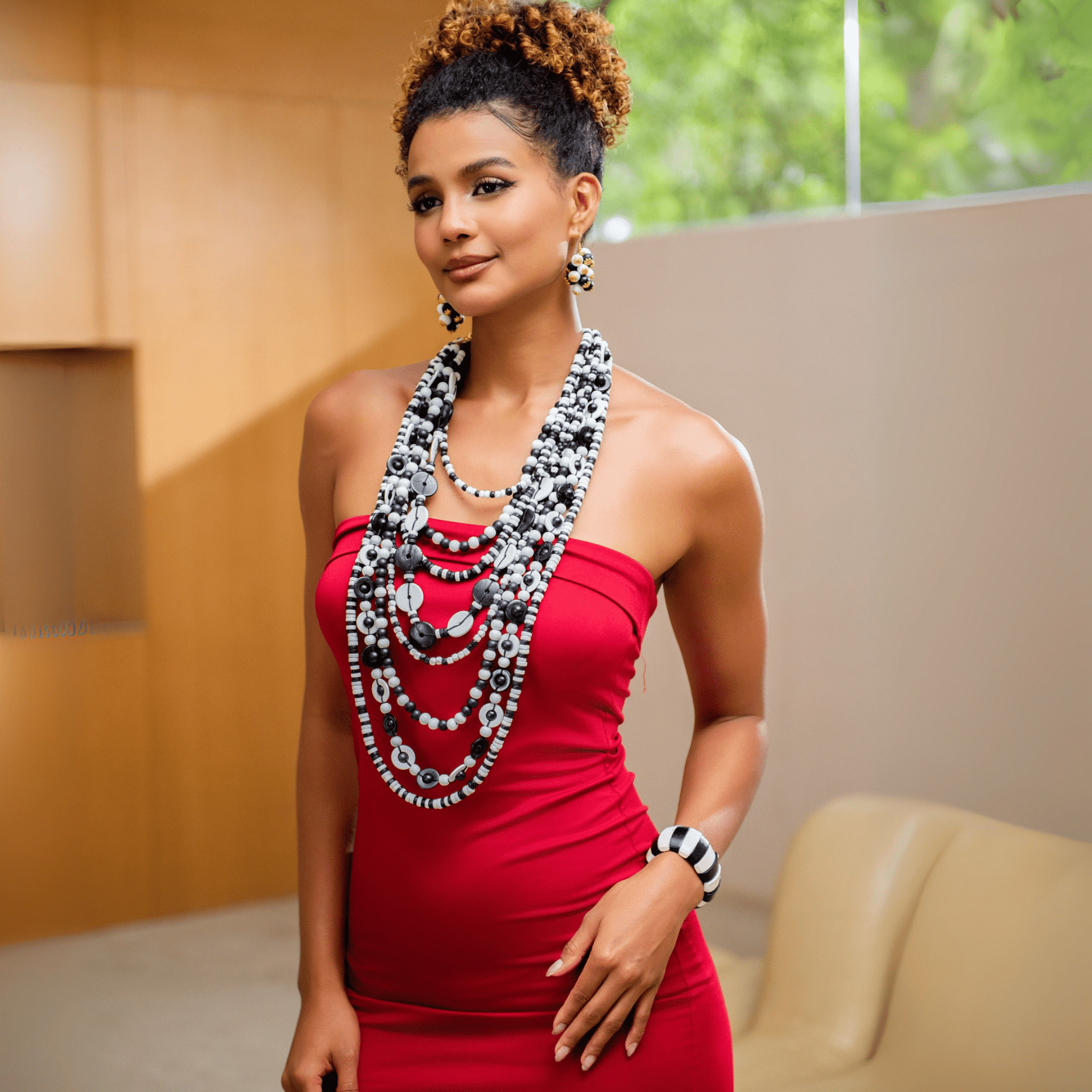 Ayoka Beaded 4 - in - 1 Cascading Chain – Black & White,Necklaces, Sassy Jones,